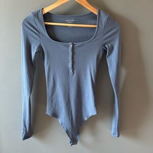 American Eagle Outfitters Blue Button-Front Ribbed Bodysuit